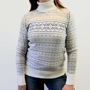 L.L. Bean White and Blue Fair Isle Turtleneck Sweater